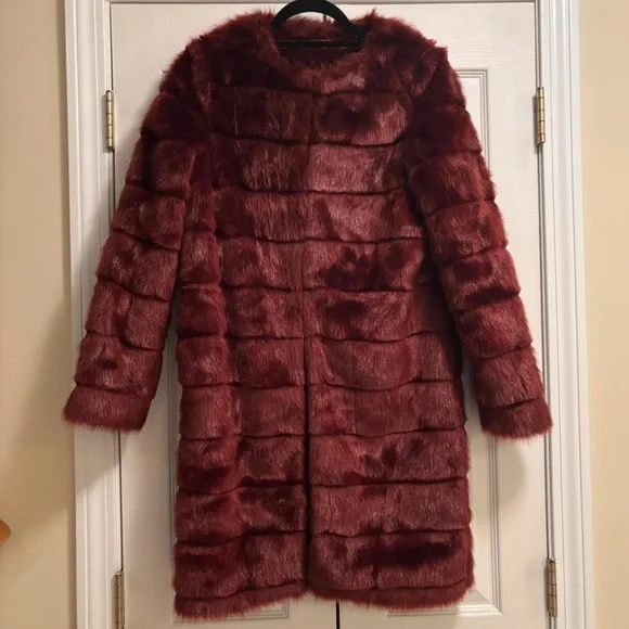 Mossimo Burgundy Faux Fur Long Coat - Picture 2 of 6